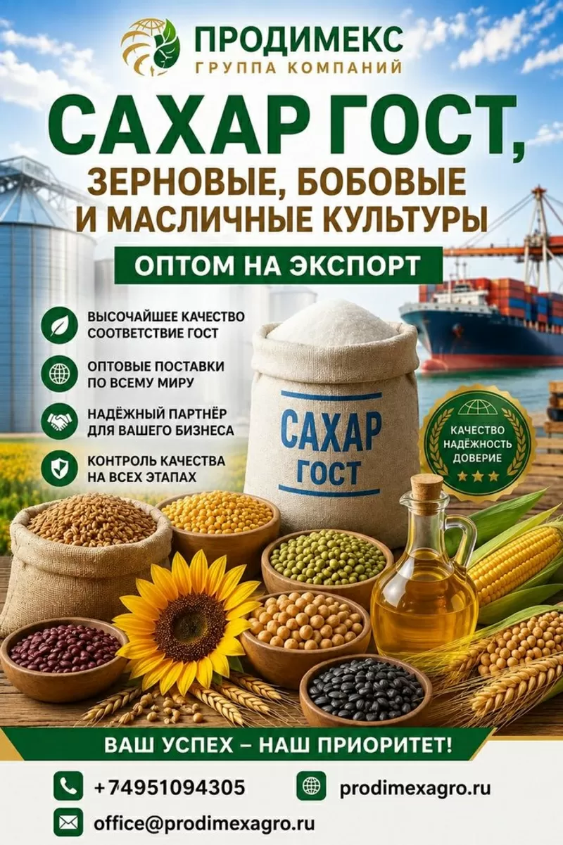 Сахар ГОСТ,  зерновые,  бобовые и масличные культуры оптом на экспорт